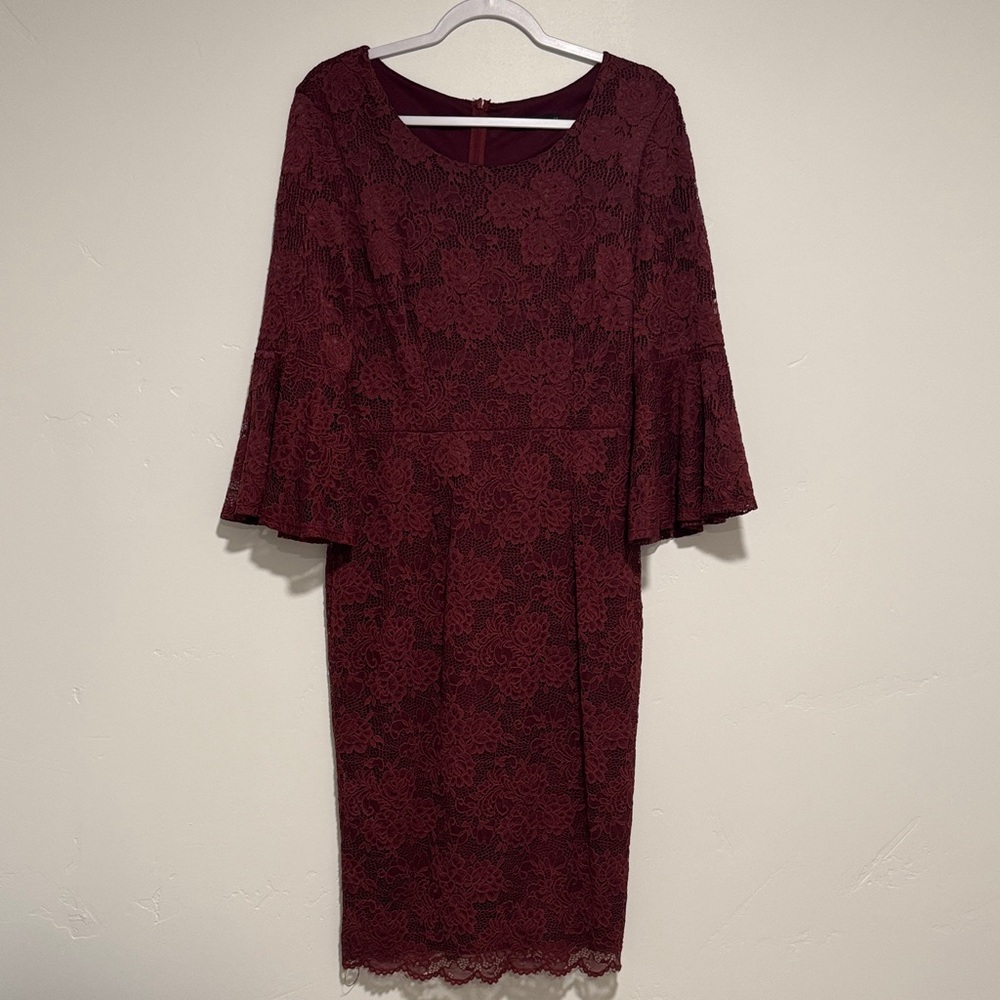 Mikarose Deep Red Lace Long Sleeve Midi Dress - Women’s M
